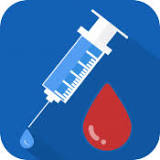 The graphic of the Glucose Companion glucose monitoring app, showing a syringe dripping liquid next to a large red droplet.