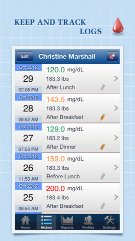 A screen shot of a glucose monitoring app and its log of a user's weight and insulin use.