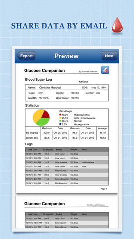 Screen shot of a glucose monitoring app and its data log to send via email.